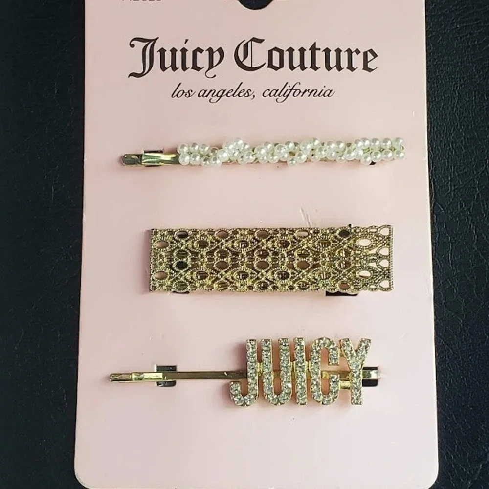 Juicy Couture 3pc Hair Clip Set Gold Tone Faux Pearl Rhinestone Logo New Bling